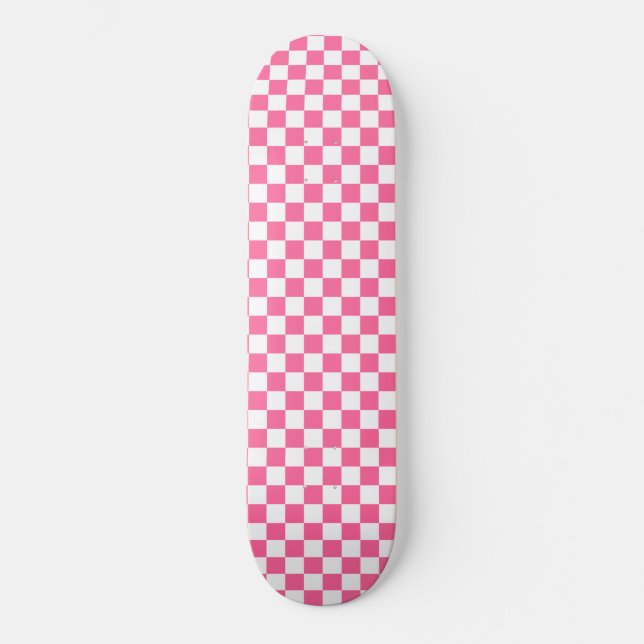 Chequered Pattern Girly Geometric Pink And White Skateboard (Front)
