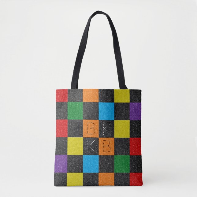 Chequered Pattern Girly Rainbow LGBTQ Gay Monogram Tote Bag (Front)