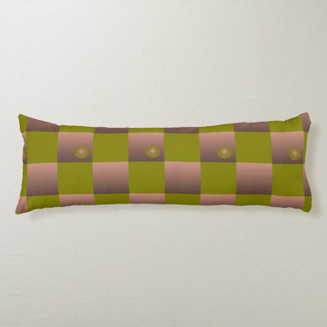 Chequered pattern in brown and olive green body cushion (Front)