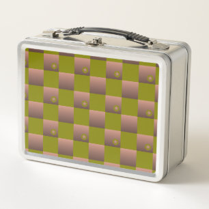 Chequered pattern in brown and olive green metal lunch box