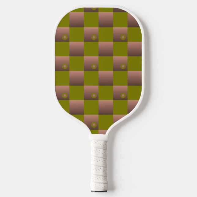 Chequered pattern in brown and olive green pickleball paddle (Front)
