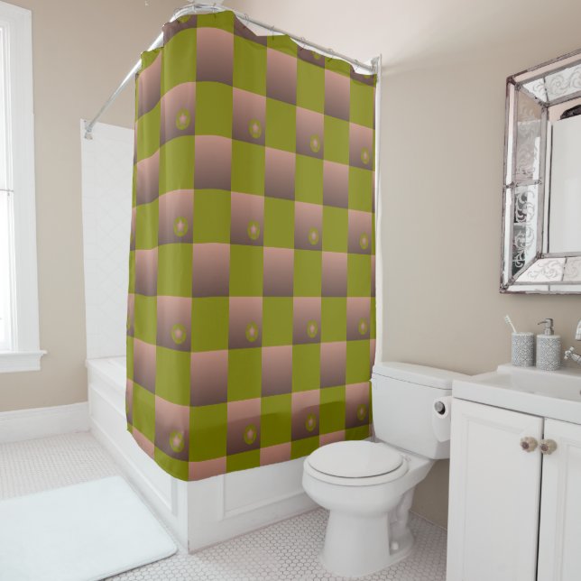 Chequered pattern in brown and olive green shower curtain (In Situ)