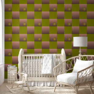 Chequered pattern in brown and olive green wallpaper