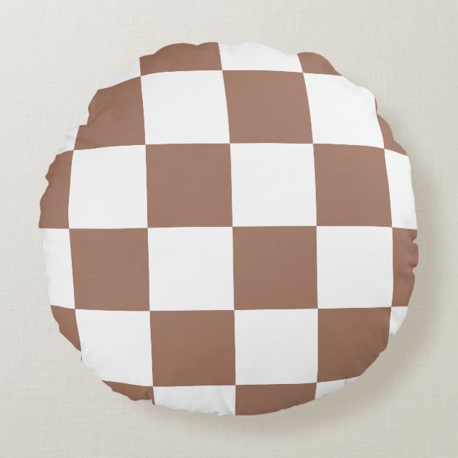 Chequered Pattern in White and Mocha Mousse Round Cushion (Front)