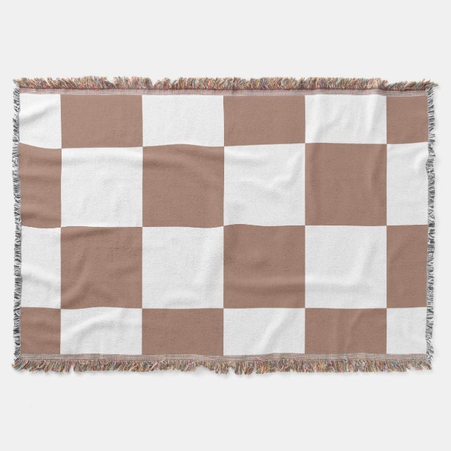 Chequered Pattern in White and Mocha Mousse Throw Blanket (Front)