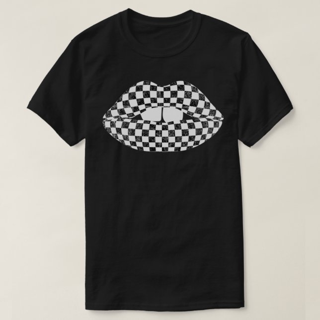 Chequered Pattern Lips Mouth  T-Shirt (Design Front)