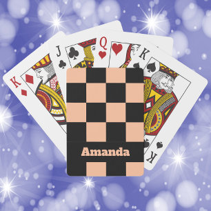 Chequered Pattern Personalise Peach and Black Playing Cards