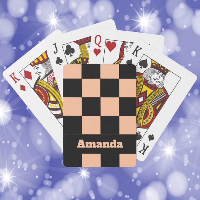 Chequered Pattern Personalise Peach and Black Playing Cards (A deck of cards with a fun peach and black checkerboard pattern.  The text can be personalized!)