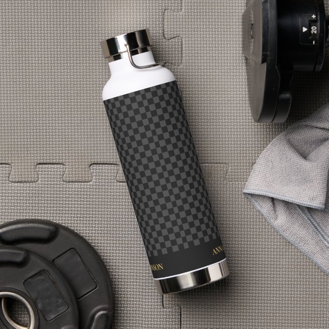 Chequered Pattern Personalised Name Water Bottle (Gym)