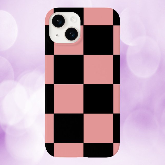 Chequered Pattern Pink and Black Squares iPhone Case (A cool phone case with a pink and black checker pattern)