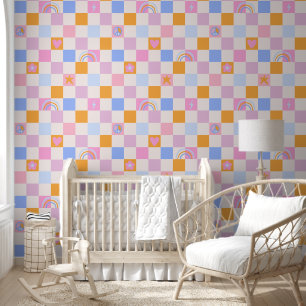 Chequered Pattern Rainbow Peace Girly Wallpaper