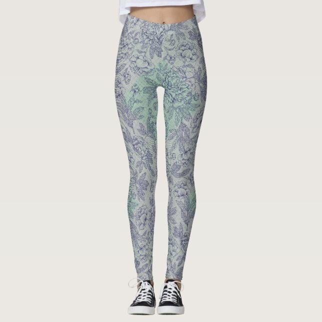 Chequered pattern small green flw Offwhite BG Leggings (Front)