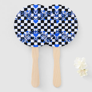 Chequered Pattern With Blue Hearts & Shapes Hand Fan