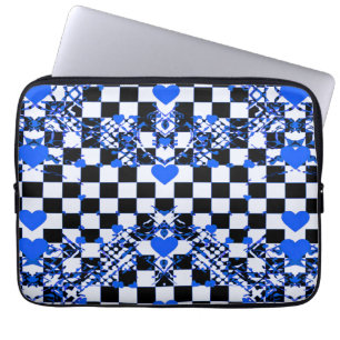 Chequered Pattern With Blue Hearts & Shapes Laptop Sleeve
