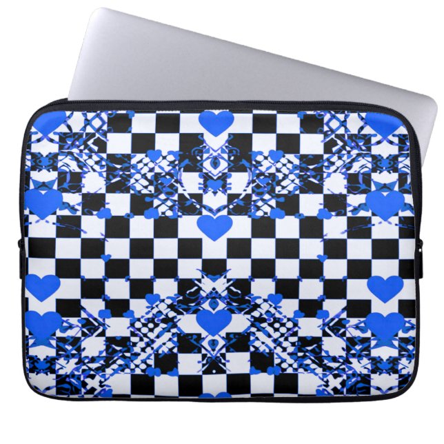 Chequered Pattern With Blue Hearts & Shapes Laptop Sleeve (Front)