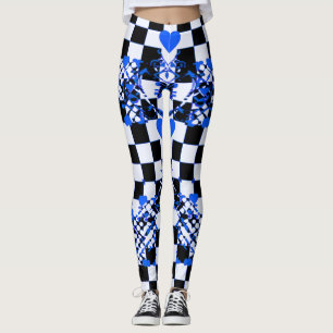 Chequered Pattern With Blue Hearts & Shapes Leggings