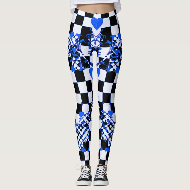 Chequered Pattern With Blue Hearts & Shapes Leggings (Front)