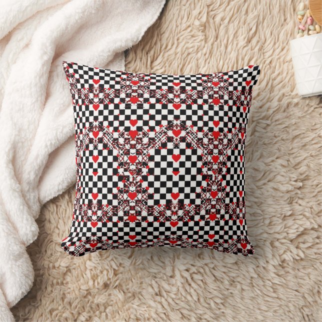 Chequered Pattern With Red Hearts & Shapes Cushion (Blanket)