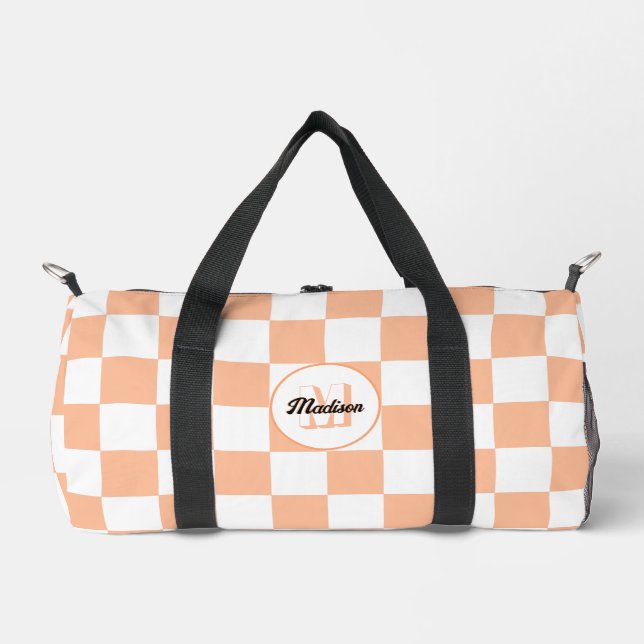 Chequered peach and white geometric retro Monogram Duffle Bag (Front)