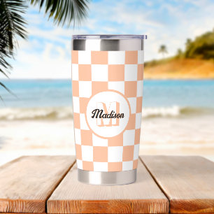 Chequered peach and white geometric retro Monogram Insulated Tumbler