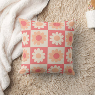 Chequered Peach Fuzz Orange Flowers  Cushion