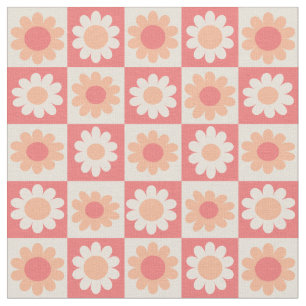 Chequered Peach Fuzz Retro Flowers Pattern Fabric