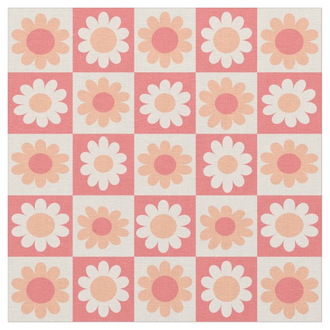 Chequered Peach Fuzz Retro Flowers Pattern Fabric (Close Up)