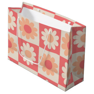 Chequered Peach Fuzz Retro Flowers Pattern Large Gift Bag