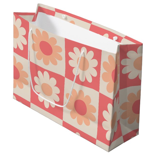 Chequered Peach Fuzz Retro Flowers Pattern  Large Gift Bag (Front Angled)