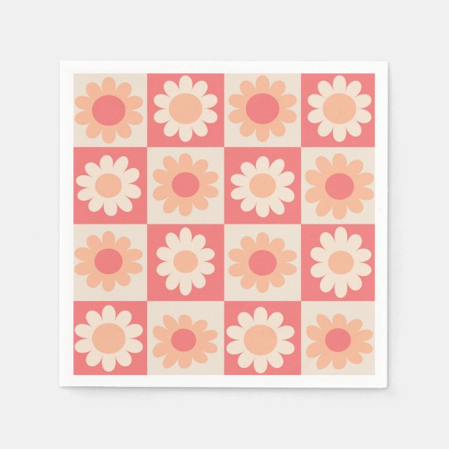 Chequered Peach Fuzz Retro Flowers Pattern  Napkin (Front)