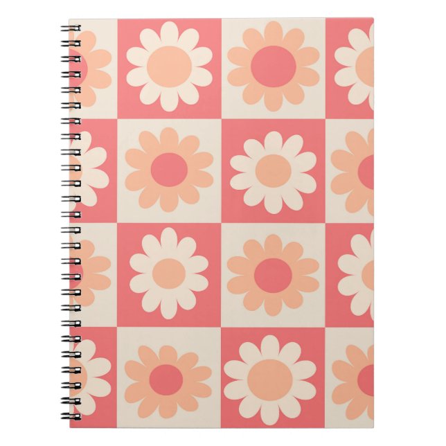 Chequered Peach Fuzz Retro Flowers Pattern  Notebook (Front)