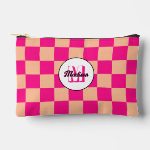 Chequered peach hot pink geometric retro Monogram Accessory Pouch
