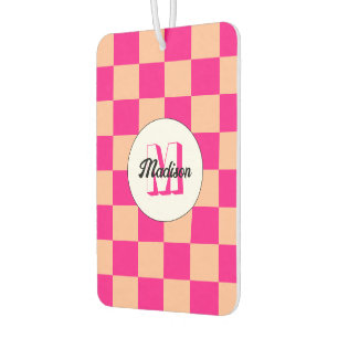 Chequered peach hot pink geometric retro Monogram Car Air Freshener