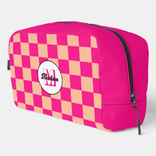 Chequered peach hot pink geometric retro Monogram Dopp Kit