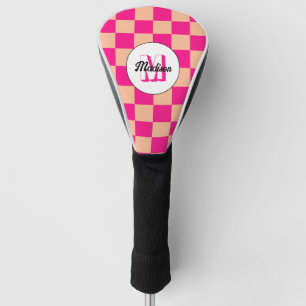 Chequered peach hot pink geometric retro Monogram Golf Head Cover