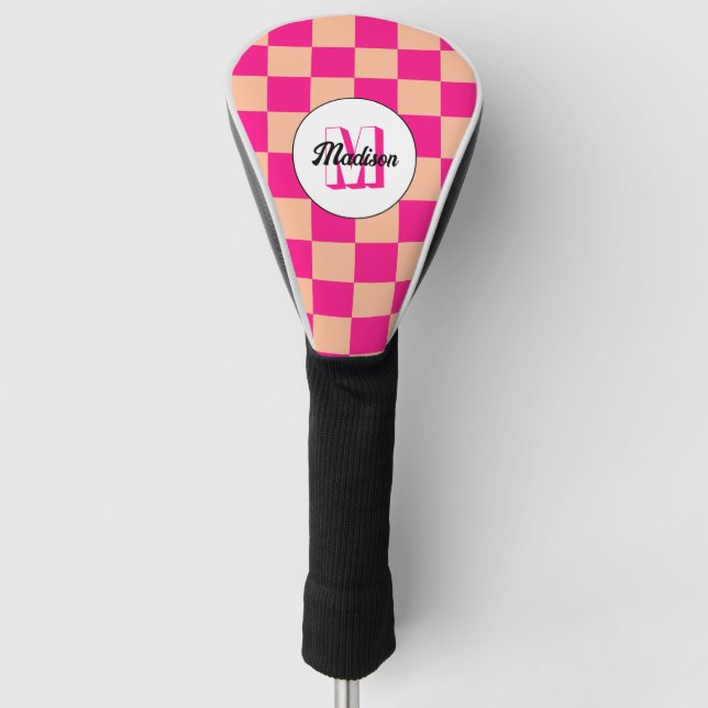 Chequered peach hot pink geometric retro Monogram Golf Head Cover (Front)