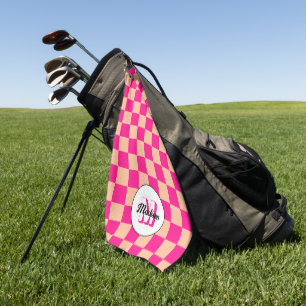 Chequered peach hot pink geometric retro Monogram Golf Towel