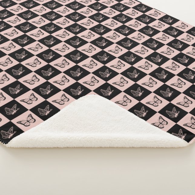 Chequered Pink and Black Butterfly Pattern Sherpa Blanket (3/4)
