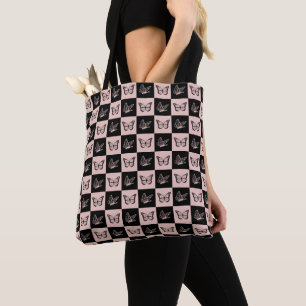 Chequered Pink and Black Butterfly Pattern Tote Bag