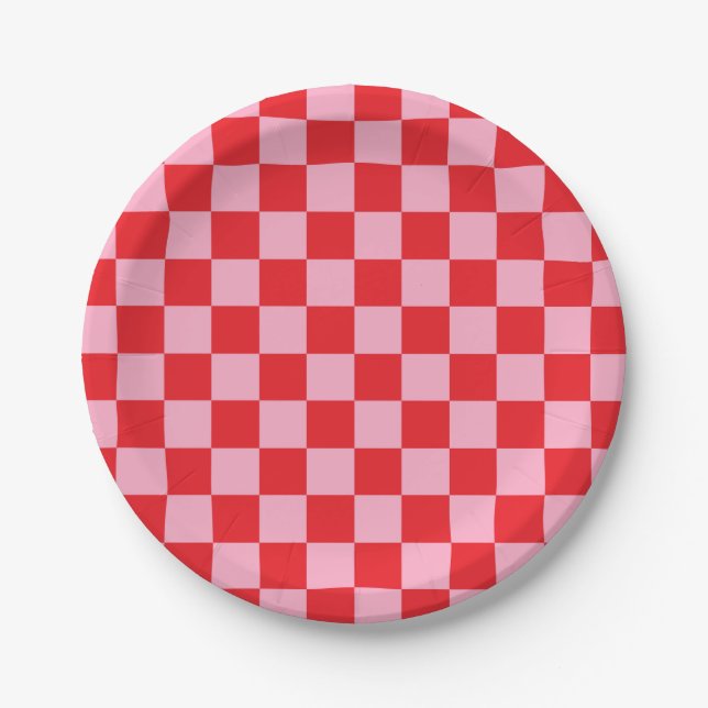 Chequered Pink and Red Paper Plate (Front)