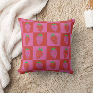 Chequered Pink and Red Strawberries Pattern Cushion