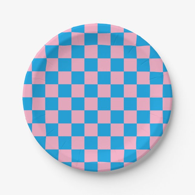 Chequered Pink and Turquoise Paper Plate (Front)