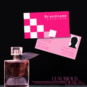 Chequered Pink and White Modern with Photo Stylish Business Card