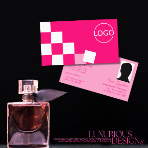 Chequered Pink and White with Logo & Photo Stylish Business Card