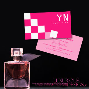 Chequered Pink and White with Monogram Modern Business Card