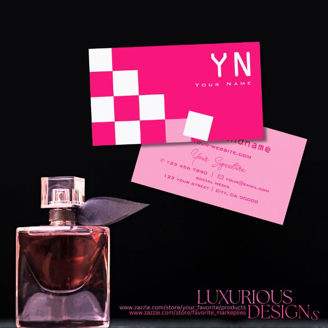 Chequered Pink and White with Monogram Modern Business Card (Creator Uploaded)