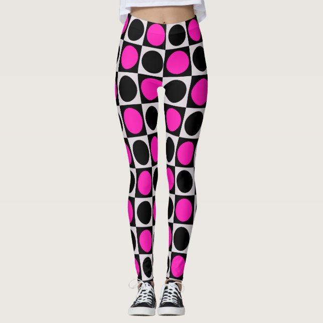 Chequered Pink Black Circle Pattern Design  Leggings (Front)
