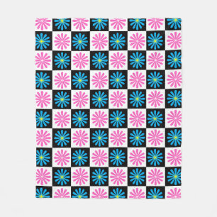 Chequered Pink Blue Floral Design  Fleece Blanket