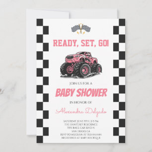 Chequered Pink Girls Monster Truck Baby Shower Invitation