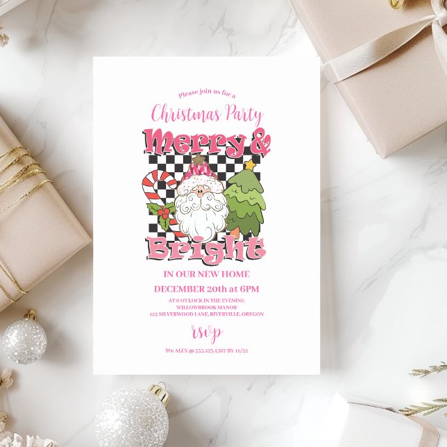 Chequered Pink Merry & Bright Christmas Party Invitation (Creator Uploaded)